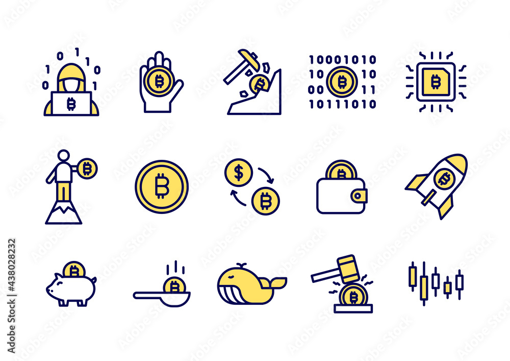 Poster simple set of bitcoin line icons. yellow bitcoin or cryptocurrency coin icons for website, applicati