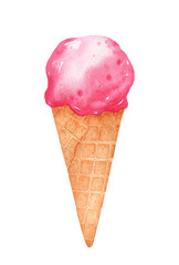 Strawberry ice cream in a waffle cone isolated on white background. Watercolor hand-drawn illustration. Perfect for cards, menu, prints, decorations, covers.