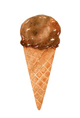 Chocolate ice cream in a waffle cone isolated on white background. Watercolor hand-drawn illustration. Perfect for cards, menu, prints, decorations, covers.