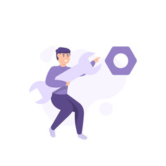 repair, maintenance, engineer concept. illustration of a technician tightening a bolt using a wrench. job or profession. flat style. vector design