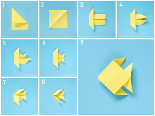 Instructions step by step origami fish - obrazy, fototapety, plakaty
