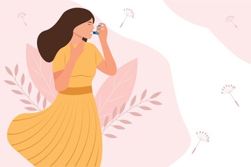 World asthma day..Woman uses an asthma inhaler against attack. Allergy,Bronchial asthma. Vector illustration