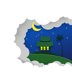 Paper cut of traditional malay house with yellow moon, white clouds and coconut tree with gradient green background.- 438031805