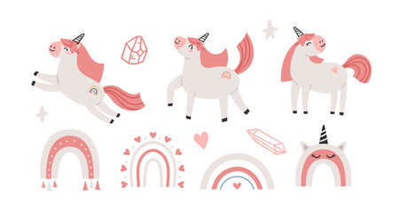 Pink cute unicorn kids isolated clipart bundle
