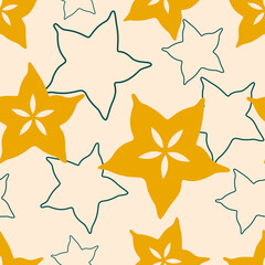 Fruit background with a simple image and the contours of the caramboli pieces. Vector design for decoration of fabrics, wrapping paper, tablecloths, napkins, wallpaper, etc.