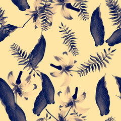 Blue Seamless Texture. Indigo Pattern Art. Coral Tropical Palm. Cobalt Spring Plant. Navy Flower Texture. Pink Decoration Leaf. Wallpaper Foliage.