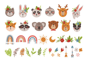 Cute boho baby animal faces and arrows isolated cliparts set © Maria Zamchiy 