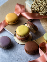 Earth tone macaron set. mix color, french dessert. Food issue.