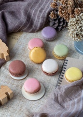 Earth tone macaron set. mix color, french dessert. Food issue.
