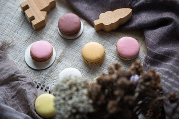 Earth tone macaron set. mix color, french dessert. Food issue.