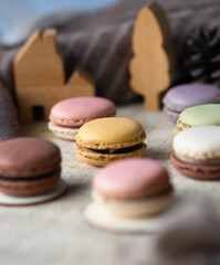 Earth tone macaron set. mix color, french dessert. Food issue.