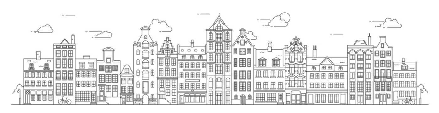 Amsterdam old style houses. Typical dutch canal houses lined up near a canal in the Netherlands. Building and facades for Banner or poster. Vector outline illustration.