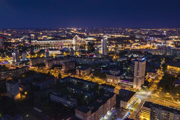 Minsk city aerial view panorama with skyline at night. birds eyes view.