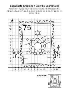 This is Easter holiday themed coordinate graphing, or draw by coordinates, and coloring page math worksheet with postage stamp depicted painted egg mystery picture. Answer included.
