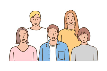 Man and woman standing together with smiling faces. hand drawn style vector design illustrations. 