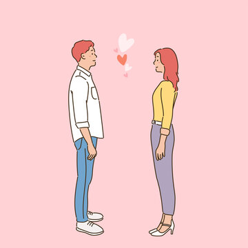 A man and a woman stand lovingly facing each other. hand drawn style vector design illustrations. 