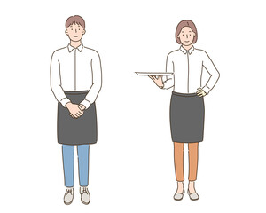 Male and female waiters in black apron. hand drawn style vector design illustrations. 