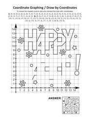 This is Easter holiday themed coordinate graphing, or draw by coordinates, and coloring page math worksheet with "Happy Easter!" greeting text mystery picture. Answer included.
