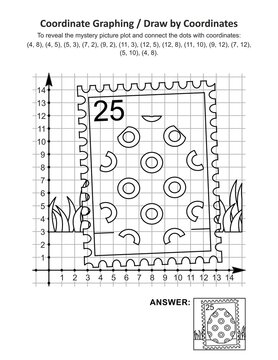 This is Easter holiday themed coordinate graphing, or draw by coordinates, and coloring page math worksheet with postage stamp depicted painted egg mystery picture. Answer included.
