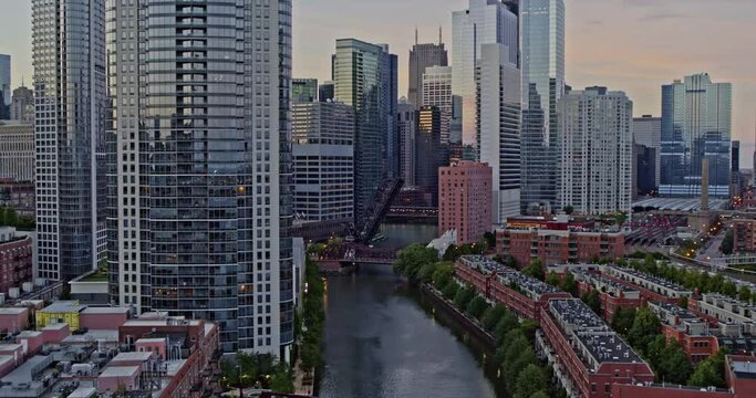 Chicago Illinois Aerial v11 dramatic low level drone footage along the Chicago River system at dawn - Shot with Inspire 2, X7 camera - August 2020