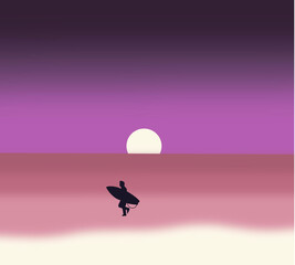 Silhouette of surfer man on the beach at sunset vector. Vintage filter effect. Tourists on vacation on ocean.