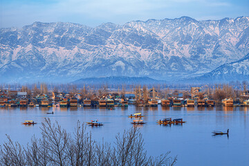A beautiful view of Dal Lake in winter, Srinagar, Kashmir, India.