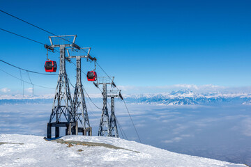 Gandola cable car in Gulmarg Kashmir India during the winter season.