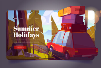 Summer holidays cartoon landing page. Car travel, forest trip on vacation, journey by automobile with bags on roof going at countryside road with trees around. Tour, family camping vector web banner - obrazy, fototapety, plakaty