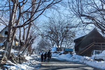 View and landscape and cityscape of the roadways during the winter season in the village of Kashmir