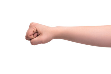 The hand is clenched into a fist. Isolated on white background. Aggression gesture, conflict and threat concept.