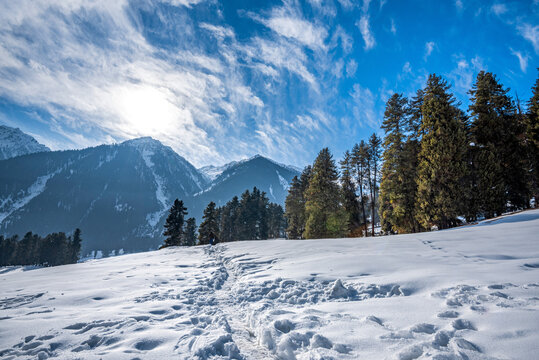 The winter scene in Aru Valley near Pahalgam, Kashmir, India.