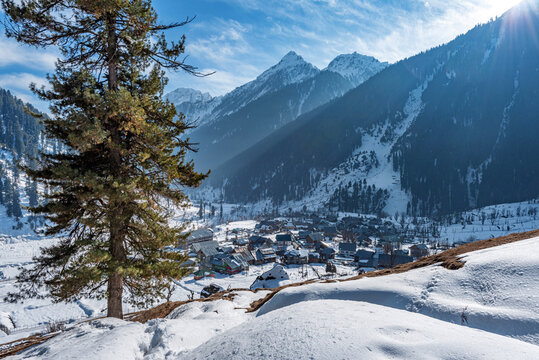 The winter scene in the village of ARU, in the Lidder valley of Kashmir near Pahalgam , India.
