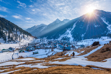 The winter scene in the village of ARU, in the Lidder valley of Kashmir near Pahalgam , India.