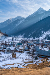 The winter scene in the village of ARU, in the Lidder valley of Kashmir near Pahalgam , India.