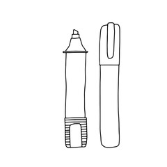 Hand drawn doodle sketch style vector illustration of highlighter marker pen with and without cap. Black, isloated on white background.