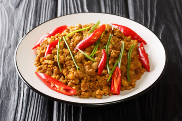 Thai southern traditional style Spicy roasted mince pork with yellow curry paste Khua Kling in Thai close up in the plate on the table. Horizontal