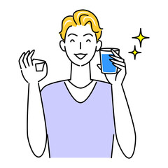 熱中症対策 OKポーズをしなから水分補給の為に水を飲んでいる可愛い男性 イラスト シンプル ベクター