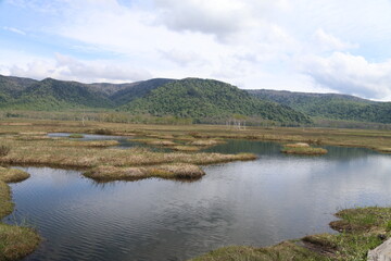 Fototapeta na wymiar 尾瀬/6月。　まだ水芭蕉が咲き残る初夏の尾瀬ヶ原。山、空が写る池。