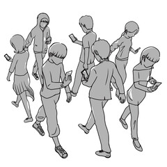 スマホを見ながら歩く人々・歩きスマホの人々のイラスト