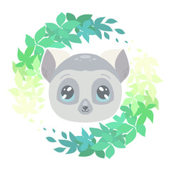 Cute childish illustration of a little lovely lemur in plant wreath on white background. The baby animal. Vector cartoon flat drawing for a childrens room, stickers and cards.