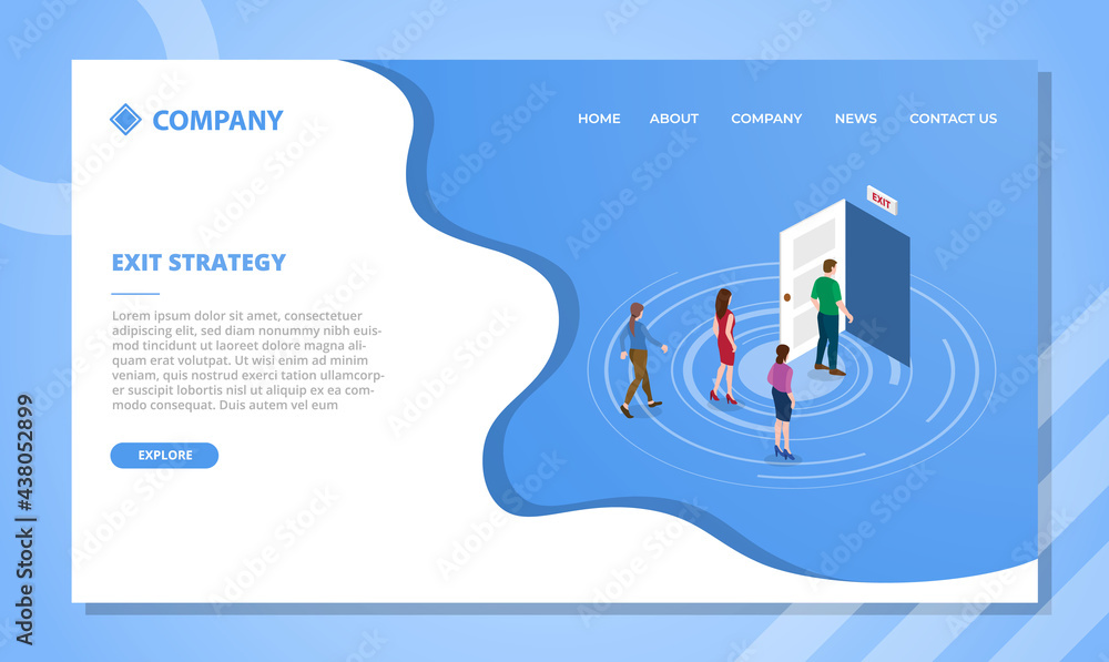 Poster exit door strategy concept for website template or landing homepage with isometric style