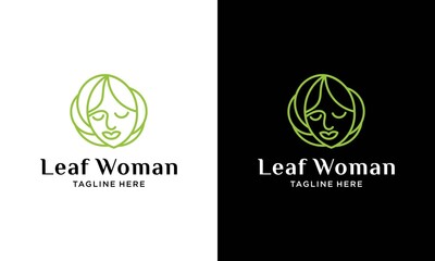 Abstract minimal line drawing beauty woman face with leaves.