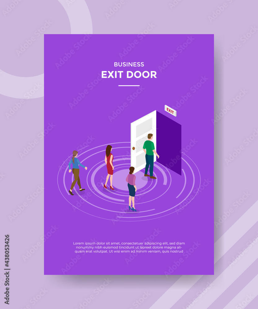 Poster exit door strategy concept for template banner and flyer with isometric style