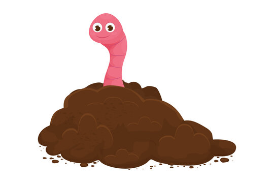 Funny earthworm in ground, soil in cartoon style isolated on white background. Comic, cheerful character. Gardening concept. Vector illustration
