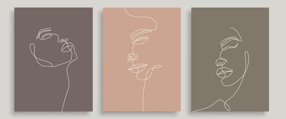 Abstract Faces One Line Drawing Prints Set. Creative Contemporary Abstract Line Drawing. Modern Fashion Vector Minimalist Design for Wall Art, Print, Card, Poster.