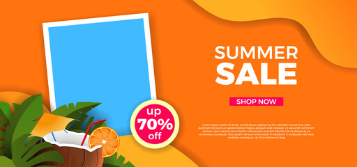 Summer sale offer banner with green tropical leaves decoration fluid liquid with photo template
