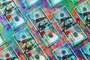 Poster Im Rahmen dollars banknotes with creative colorful abstract elements on dark background © reznik_val
