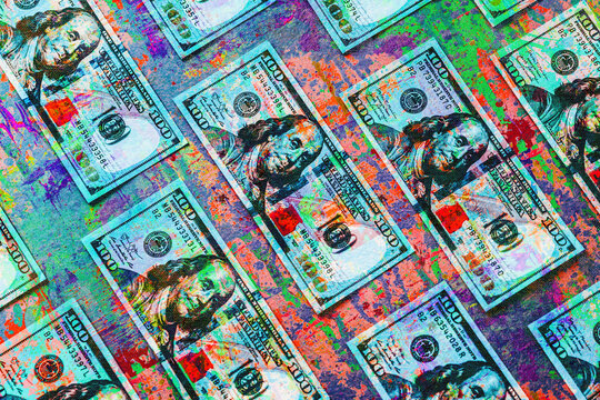 dollars banknotes with creative colorful abstract elements on dark background
