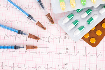 Medicines and needles on the ECG