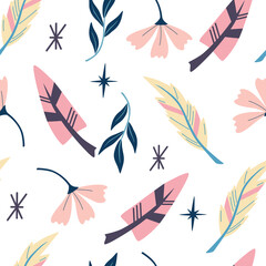 Fototapeta na wymiar Seamless pattern with feathers. Wallpaper in boho style. Indian aztec geometric feathers and flowers background. For wallpaper, web page background, greeting cards, fabric printing. Vector
